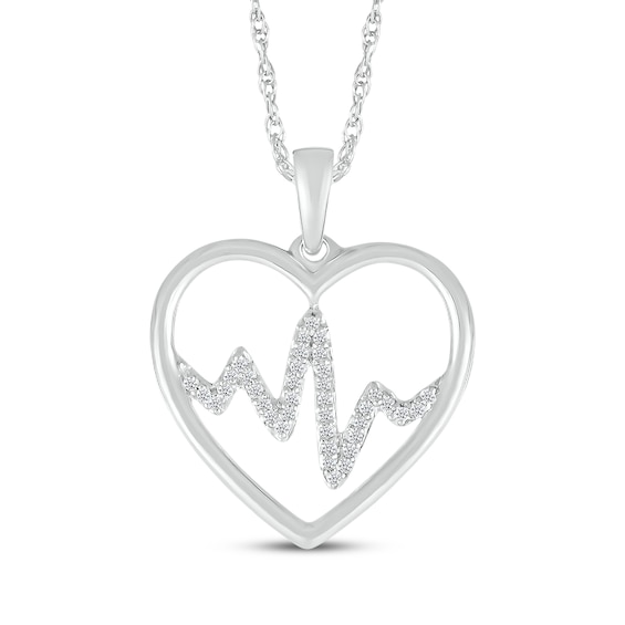 Diamond Heart Outline with Heartbeat Necklace 1/15 ct tw 10K White Gold 18"
