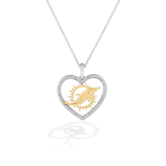 True Fans Miami Dolphins 1/10 CT. T.W. Diamond Heart Necklace in Sterling Silver & 10K Yellow Gold