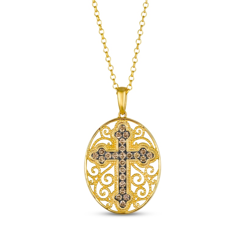 Le Vian Diamond Filigree Oval Medallion Cross Necklace 1/2 ct tw 14K Honey Gold 19"