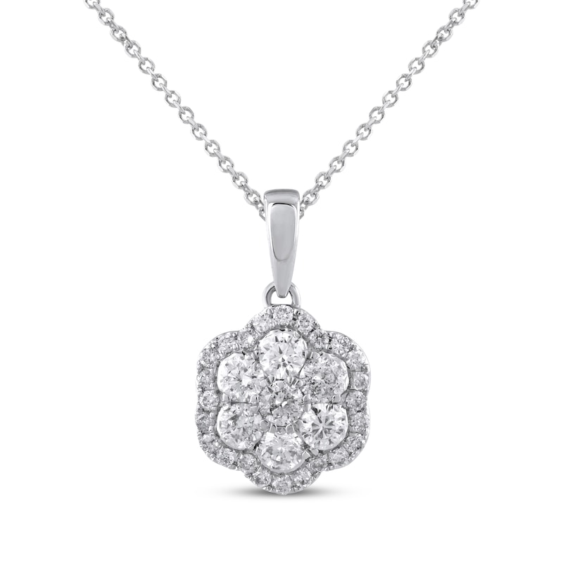 Main Image 1 of Diamond Flower Halo Necklace 1/2 ct tw 10K White Gold 18&quot;