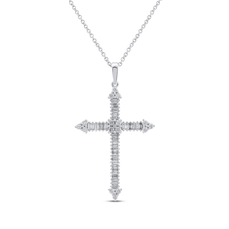 Main Image 1 of Baguette-Cut Diamond Cross Necklace 1/2 ct tw 10K White Gold 18&quot;