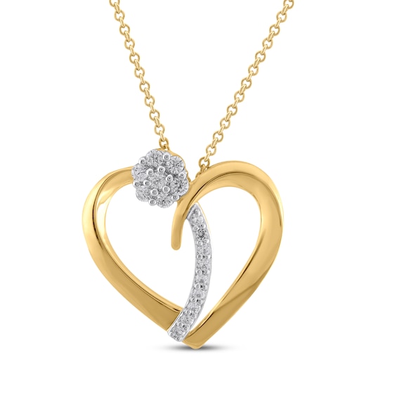 Multi-Diamond Flower Cluster Heart Necklace 1/5 ct tw 10K Yellow Gold 18"