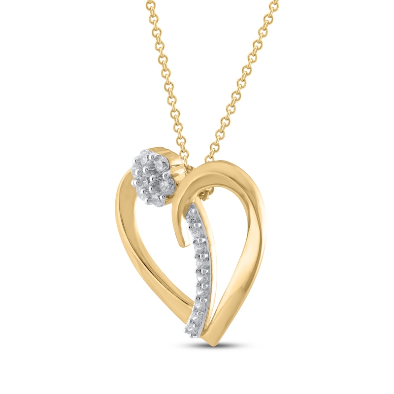 Main Image 2 of Multi-Diamond Flower Cluster Heart Necklace 1/5 ct tw 10K Yellow Gold 18&quot;