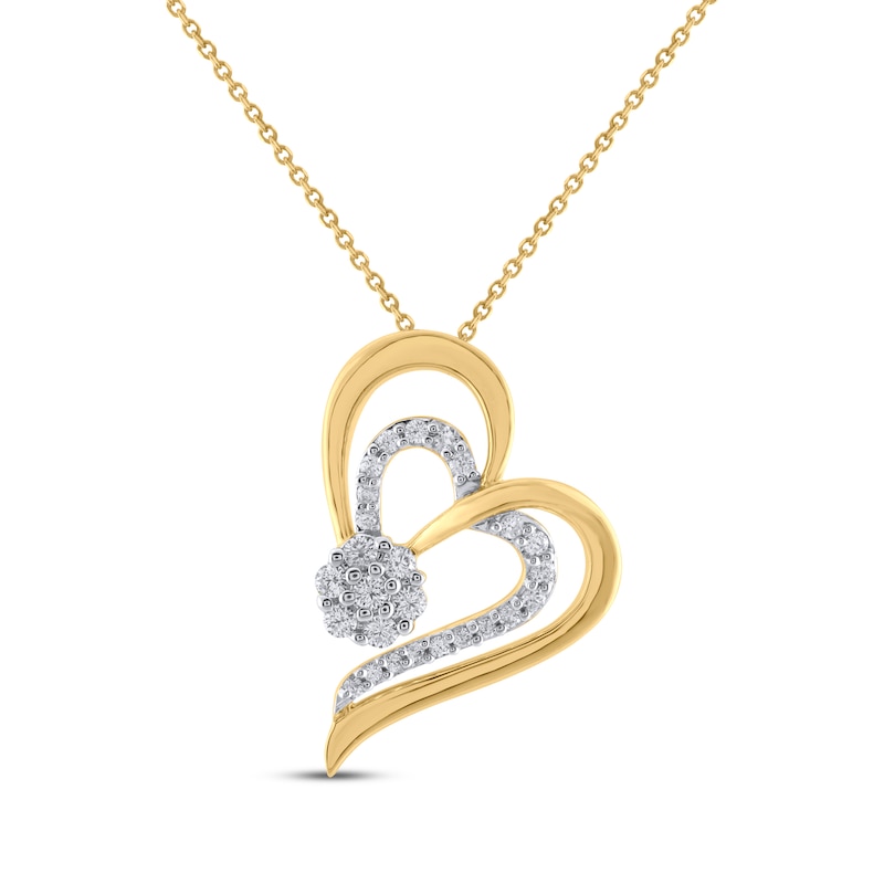 Main Image 1 of Multi-Diamond Double Heart Cluster Necklace 1/4 ct tw 10K Yellow Gold 18&quot;