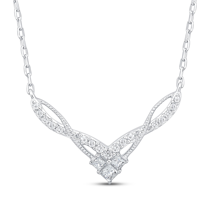 Main Image 1 of Princess-Cut Diamond Trio Chevron Twist Necklace 1/5 ct tw 10K White Gold 18&quot;