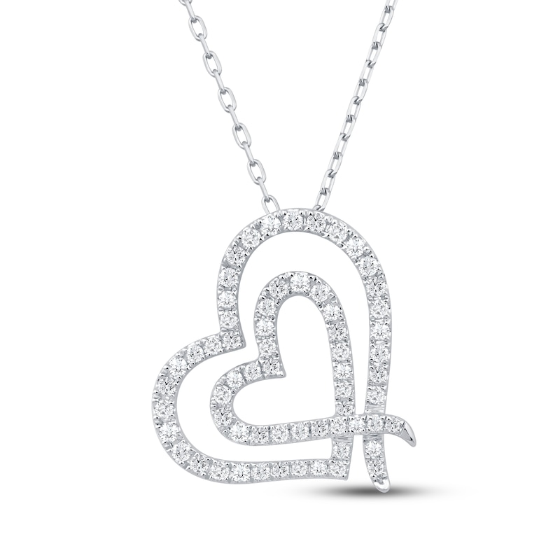 Main Image 1 of Diamond Tilted Double Heart Necklace 1/2 ct tw 10K White Gold 18&quot;