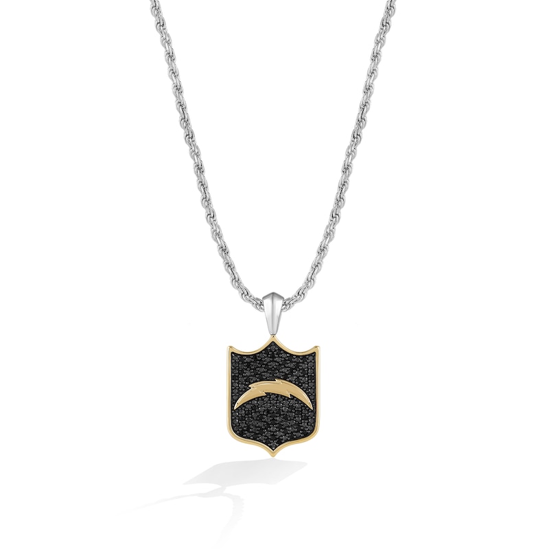 Main Image 1 of True Fans Los Angeles Chargers 3/8 CT. T.W. Black Diamond and Enamel Reversible Shield Necklace in 10K Yellow Gold & Sterling Silver