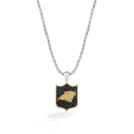 True Fans Carolina Panthers 3/8 CT. T.W. Black Diamond and Enamel Reversible Shield Necklace in 10K Yellow Gold & Sterling Silver
