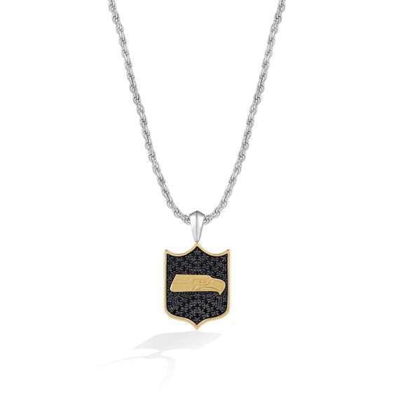 True Fans Seattle Seahawks 3/8 CT. T.W. Black Diamond and Enamel Reversible Shield Necklace in 10K Yellow Gold & Sterling Silver