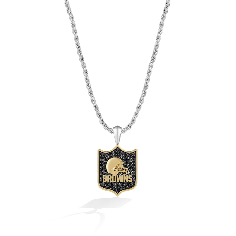 Main Image 1 of True Fans Cleveland Browns 3/8 CT. T.W. Black Diamond and Enamel Reversible Shield Necklace in 10K Yellow Gold & Sterling Silver