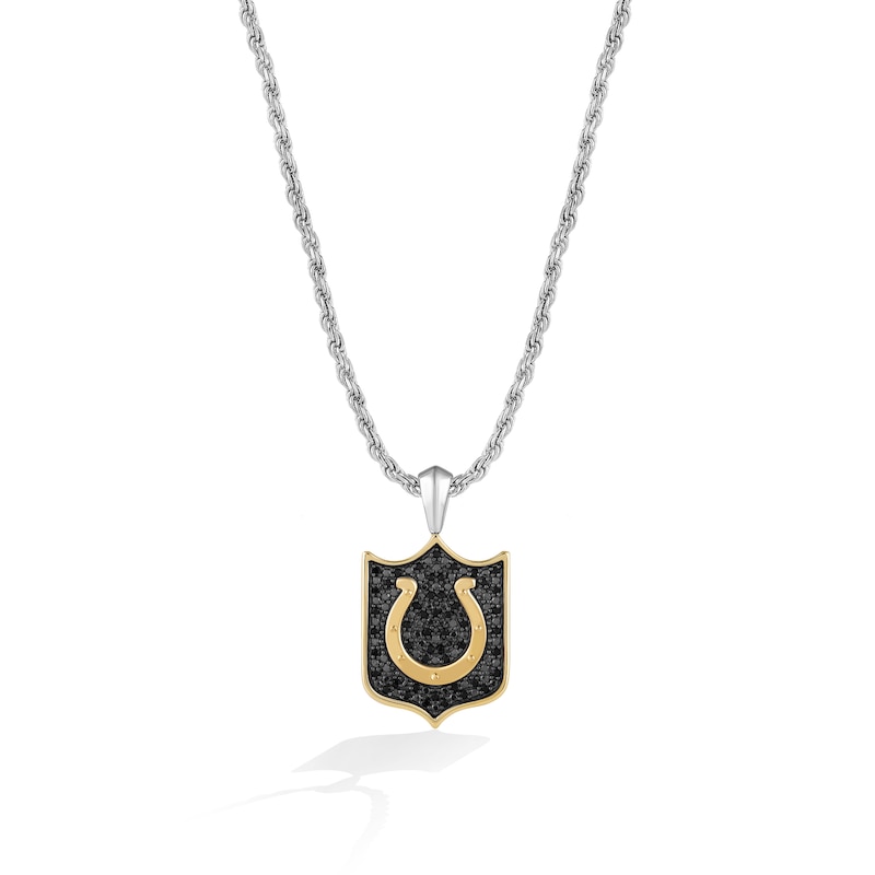 Main Image 1 of True Fans Indianapolis Colts 3/8 CT. T.W. Black Diamond and Enamel Reversible Shield Necklace in 10K Yellow Gold & Sterling Silver