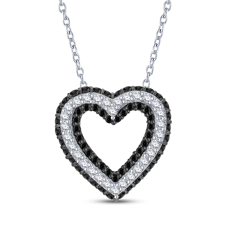 Main Image 1 of Black & White Diamond Open Heart Necklace 1/2 ct tw Sterling Silver 18&quot;