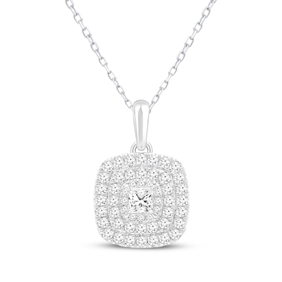 Princess-Cut Diamond Triple Cushion Halo Necklace 3/4 ct tw 10K White Gold 18"