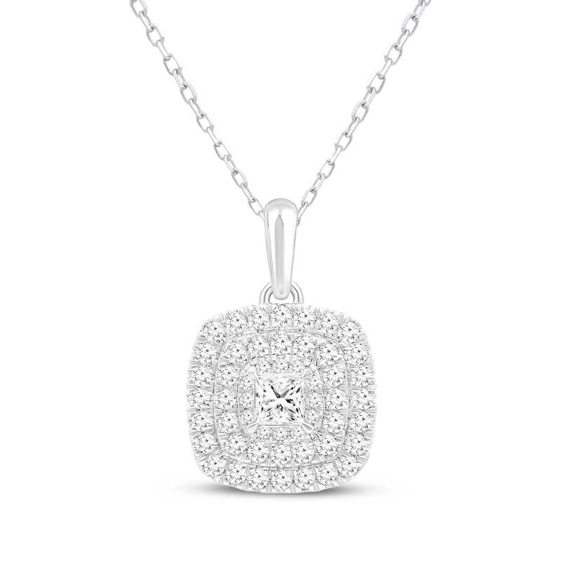 Main Image 1 of Princess-Cut Diamond Triple Cushion Halo Necklace 3/4 ct tw 10K White Gold 18&quot;