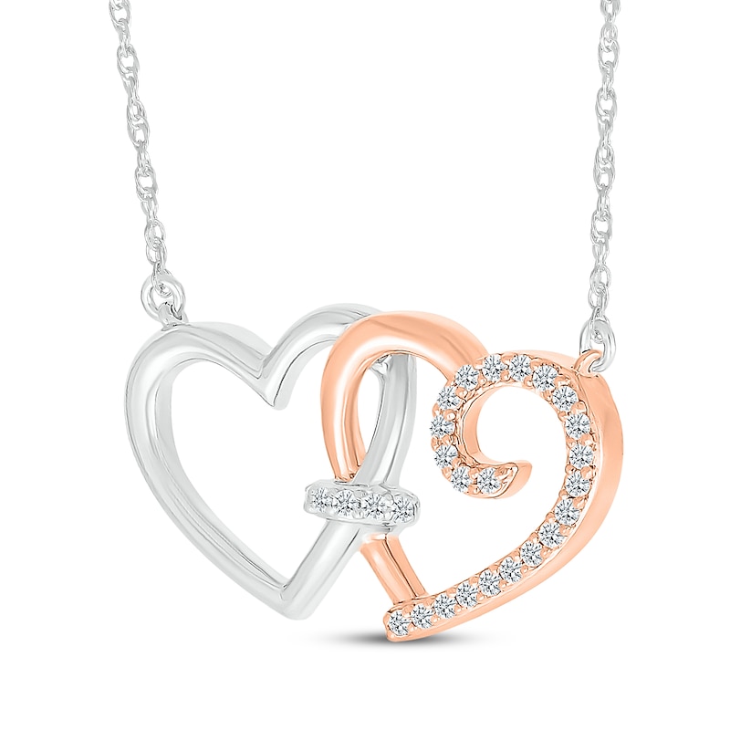 Main Image 2 of Diamond Linked Double Heart Necklace 1/10 ct tw 10K Two-Tone Gold 18&quot;