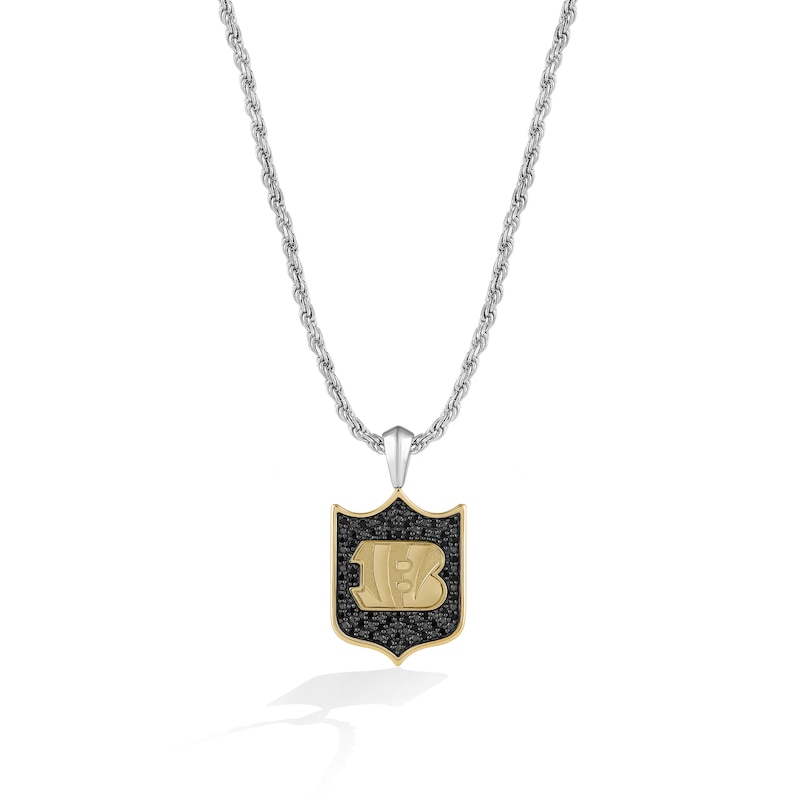 Main Image 1 of True Fans Cincinnati Bengals 3/8 CT. T.W. Black Diamond and Enamel Reversible Shield Necklace in 10K Yellow Gold & Sterling Silver