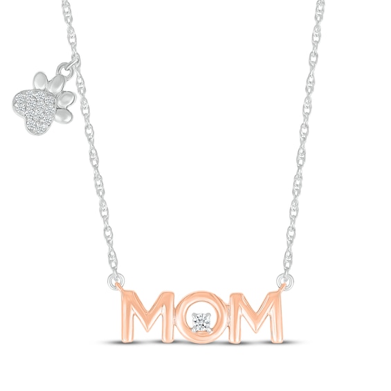 Diamond "Mom" Heart & Paw Print Charm Necklace 1/15 ct tw Sterling Silver & 10K Rose Gold 18"