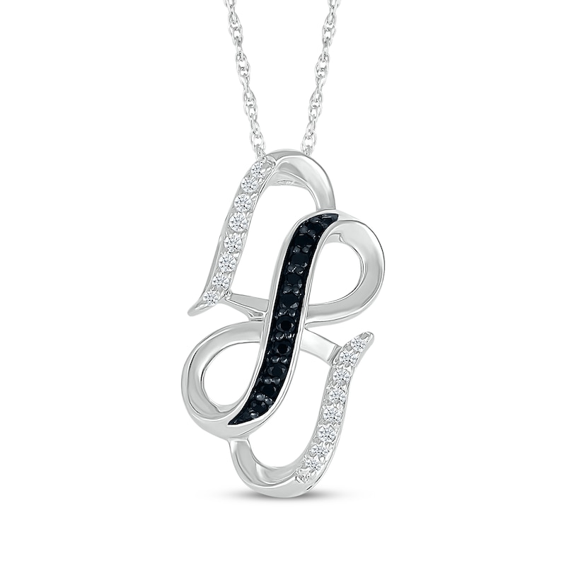 Main Image 1 of Black & White Diamond Double Heart Vertical Necklace 1/8 ct tw Sterling Silver 18&quot;