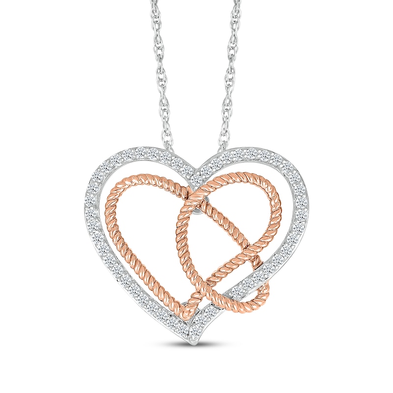 Diamond Heart & Rope Lasso Necklace 1/4 ct tw Sterling Silver & 10K Rose Gold  18"