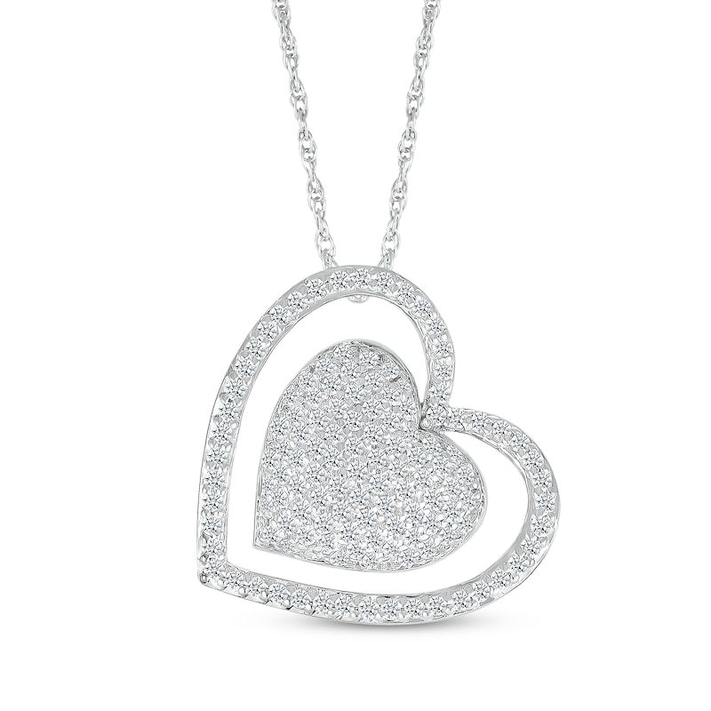 Diamond Domed Double Heart Necklace 1/2 ct tw Sterling Silver 18