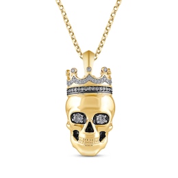 Men's Black & White Diamond Skull King Necklace 1/3 ct tw 10K Yellow Gold22&quot;
