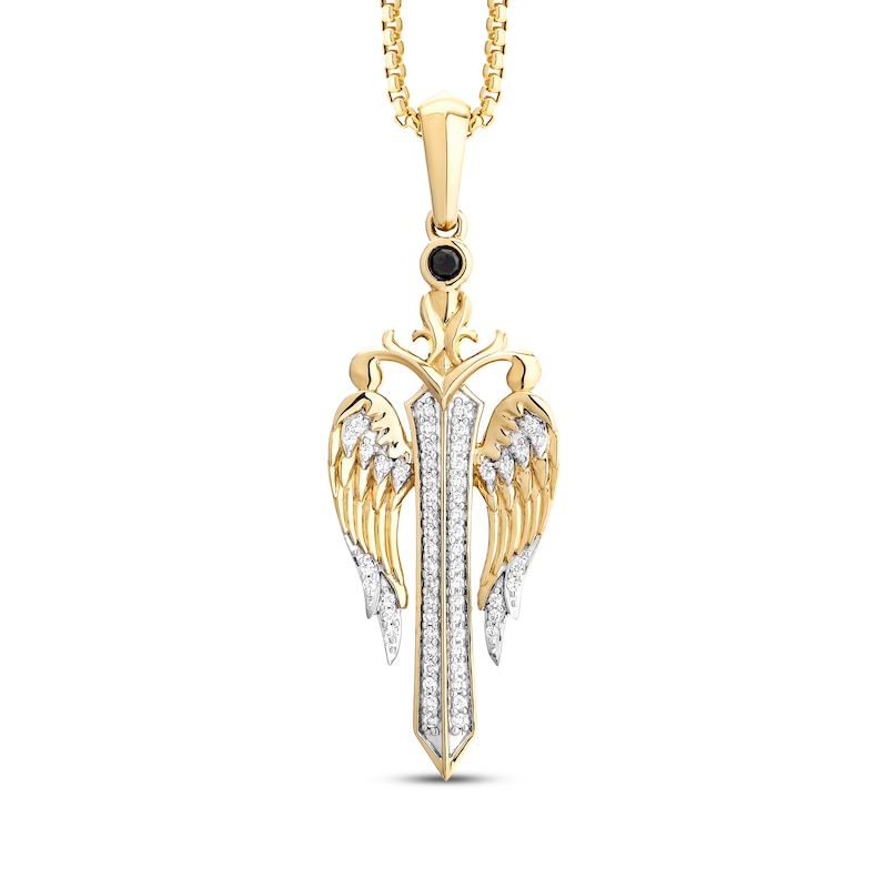 Main Image 1 of Men's Black & White Diamond Dagger with Wings Necklace 1/3 ct tw 10K Yellow Gold 22&quot;