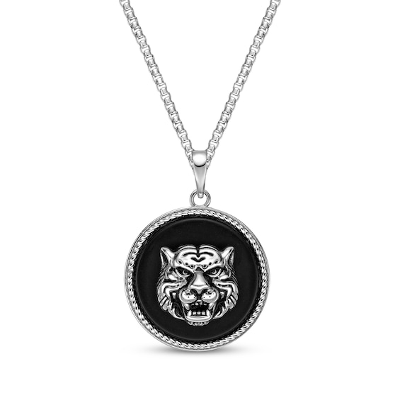 Men's Black Agate Tiger Disc Necklace Sterling Silver 24"