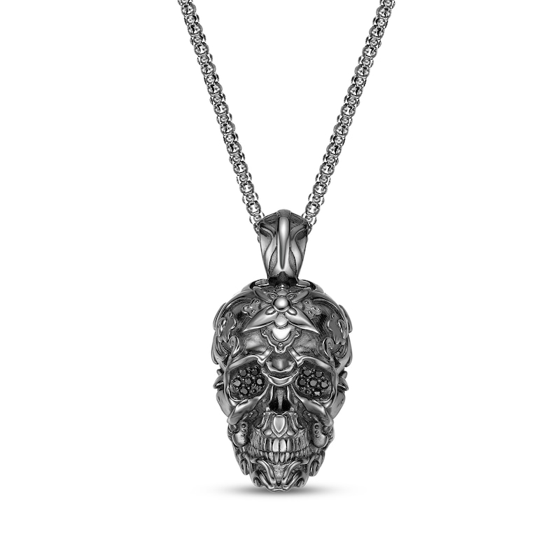 Main Image 1 of Men's Black Spinel Skull Necklace Sterling Silver 24&quot;