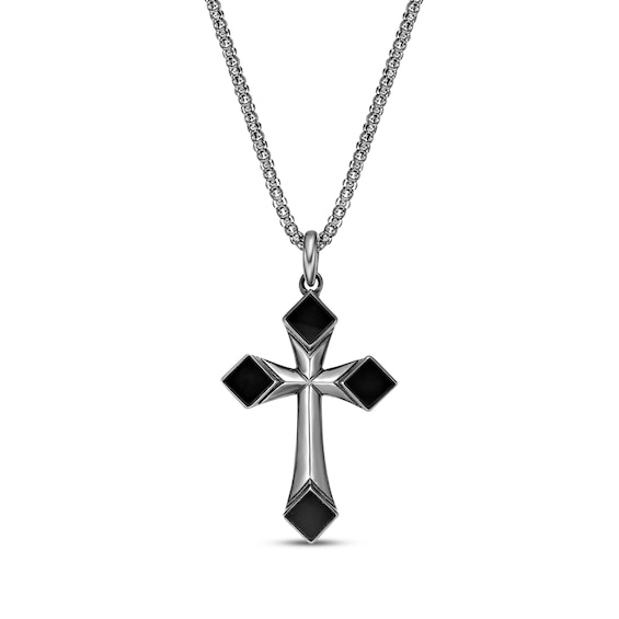Men's Black Onyx Cross Necklace Sterling Silver 24"