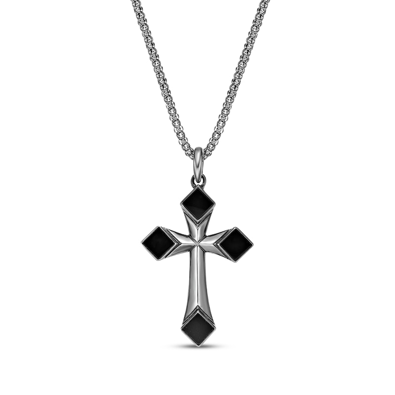 Men's Black Onyx Cross Necklace Sterling Silver 24"