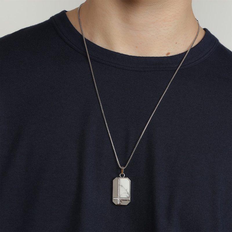 Main Image 5 of Men's Howlite & White Lab-Created Sapphire Octagon Dog Tag Necklace Sterling Silver 24&quot;