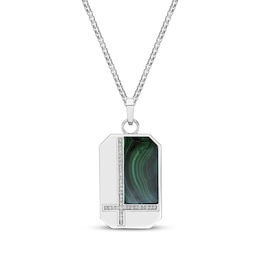 Men's Malachite & White Lab-Created Sapphire Dog Tag Pendant Sterling Silver 24&quot;