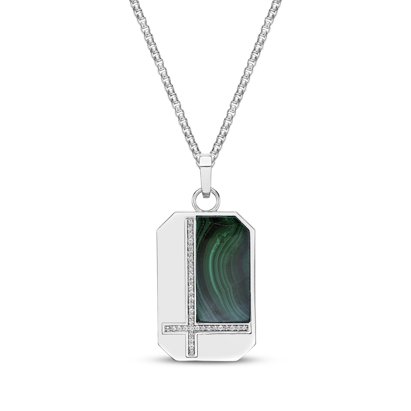 Main Image 1 of Men's Malachite & White Lab-Created Sapphire Dog Tag Pendant Sterling Silver 24&quot;