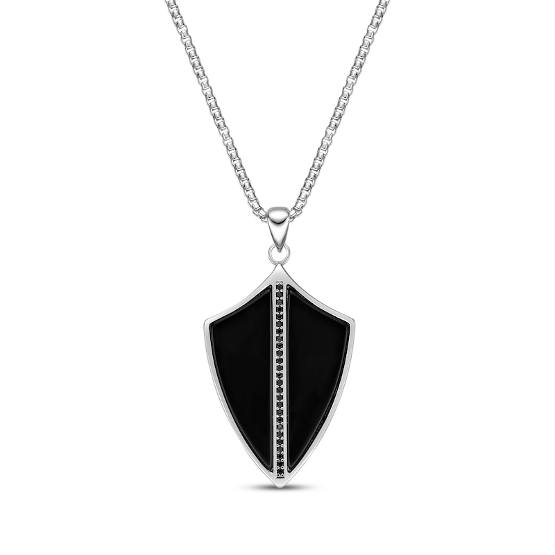 Main Image 1 of Men's Black Agate & Black Spinel Shield Necklace Sterling Silver 24&quot;