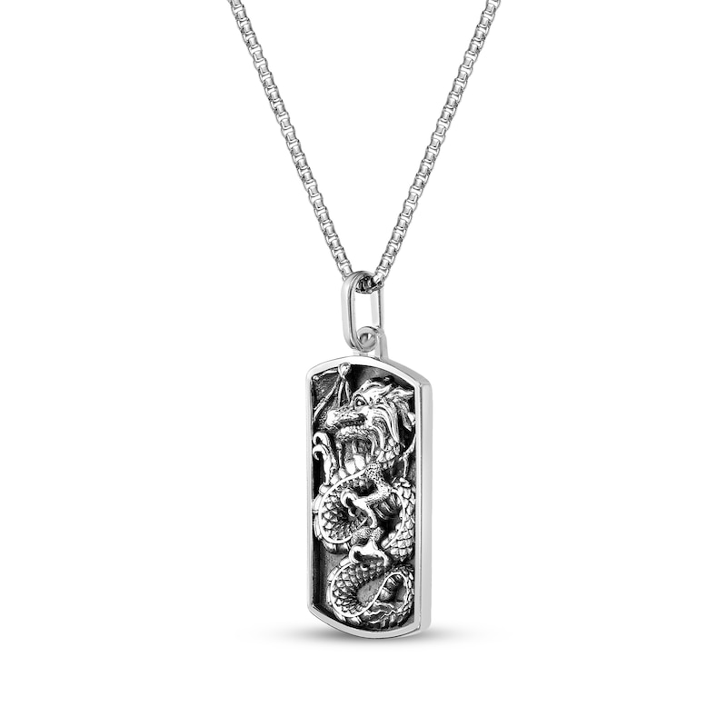 Main Image 2 of Men's Dragon Dog Tag Necklace Oxidized Sterling Silver 24&quot;