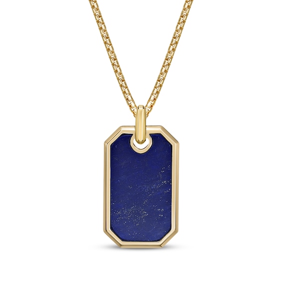 Men's Lapis Lazuli Dog Tag Necklace 14K Yellow Gold-Plated Sterling Silver 24"
