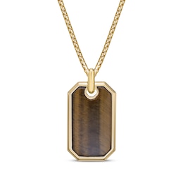 Men's Tiger's Eye Quartz Dog Tag Necklace 14K Yellow Gold-Plated Sterling Silver 24&quot;