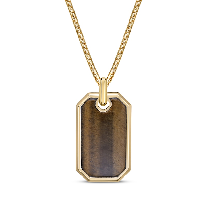 Main Image 1 of Men's Tiger's Eye Quartz Dog Tag Necklace 14K Yellow Gold-Plated Sterling Silver 24&quot;