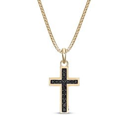 Men's Black Spinel Cross Necklace 14K Yellow Gold-Plated Sterling Silver 24&quot;