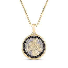 Men's Black & White Diamond Saint Christopher Medal Necklace 1/2 ct tw 10K Yellow Gold 22&quot;