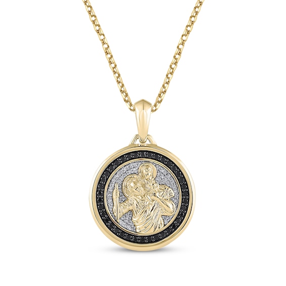 Men's Black & White Diamond Saint Christopher Medal Necklace 1/2 ct tw 10K Yellow Gold 22"