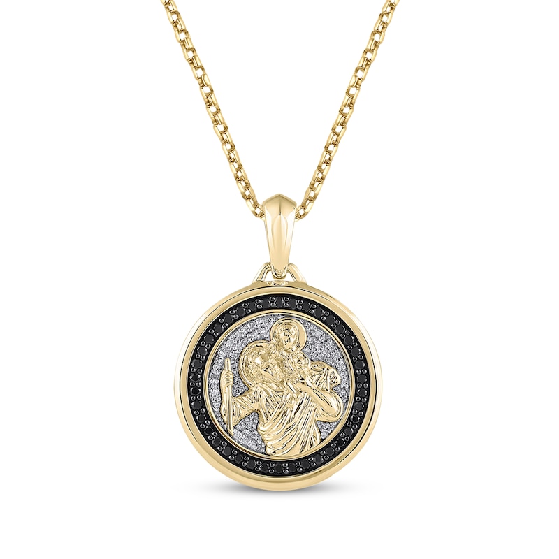 Main Image 1 of Men's Black & White Diamond Saint Christopher Medal Necklace 1/2 ct tw 10K Yellow Gold 22&quot;