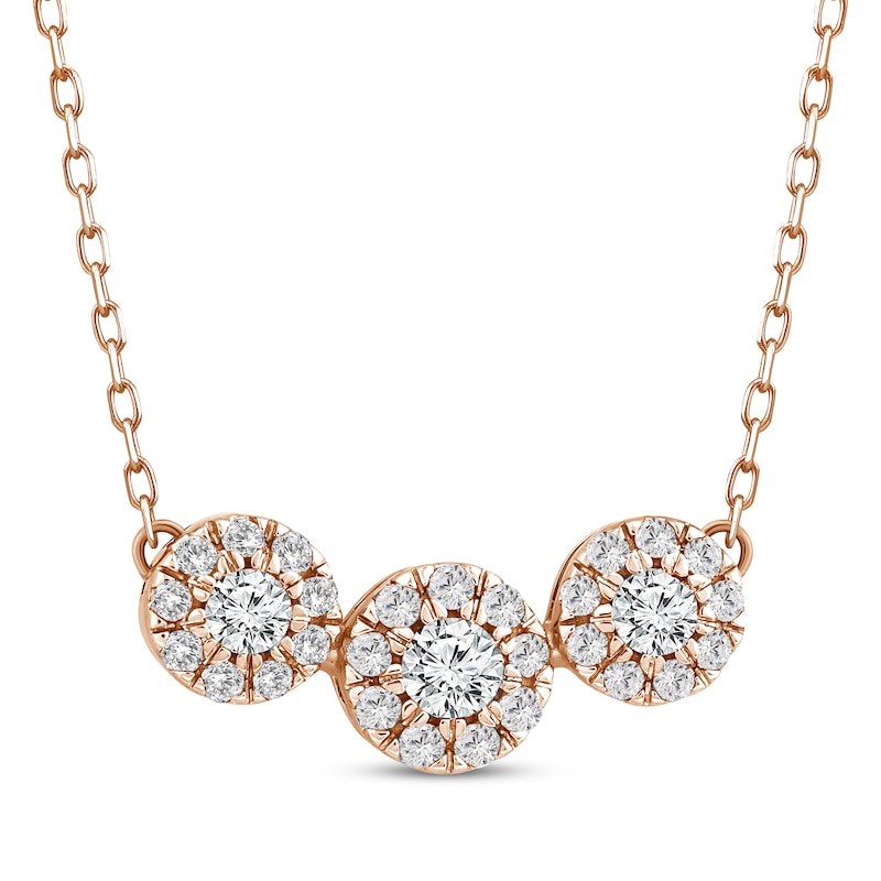 Memories, Moments, Magic Diamond Three-Stone Halo Necklace 1/3 ct tw 10K Rose Gold 18.5"