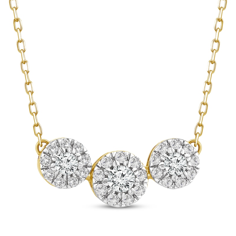 Main Image 1 of Memories, Moments, Magic Diamond Three-Stone Halo Necklace 1/3 ct tw 10K Yellow Gold 18.5&quot;