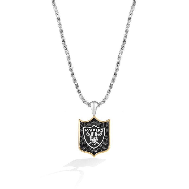 Main Image 1 of True Fans Las Vegas Raiders 3/8 CT. T.W. Black Diamond and Enamel Reversible Shield Necklace in 10K Yellow Gold & Sterling Silver