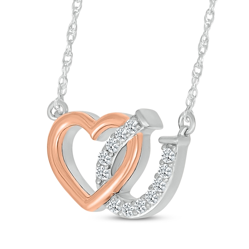 Diamond Horseshoe & Heart Necklace 1/15 ct tw Sterling Silver & 10K Rose Gold 18"