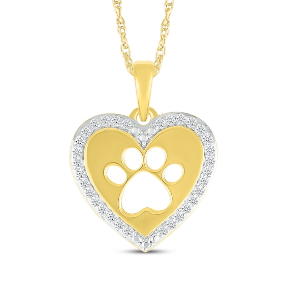 Diamond Heart Paw Print Cutout Necklace 1/8 ct tw 10K Yellow Gold 18"