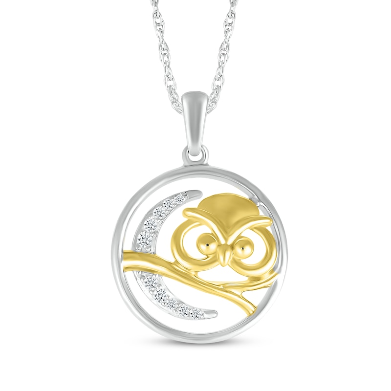 Main Image 1 of Diamond Owl & Crescent Moon Necklace 1/20 ct tw Sterling Silver & 10K Yellow Gold 18&quot;