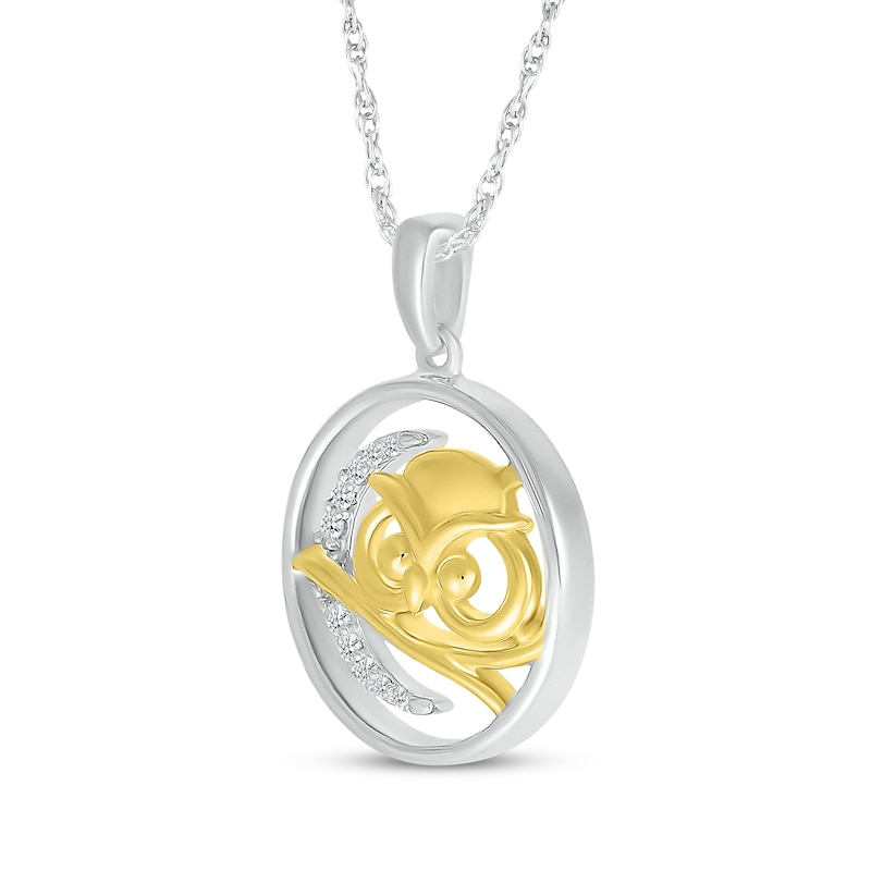 Main Image 2 of Diamond Owl & Crescent Moon Necklace 1/20 ct tw Sterling Silver & 10K Yellow Gold 18&quot;