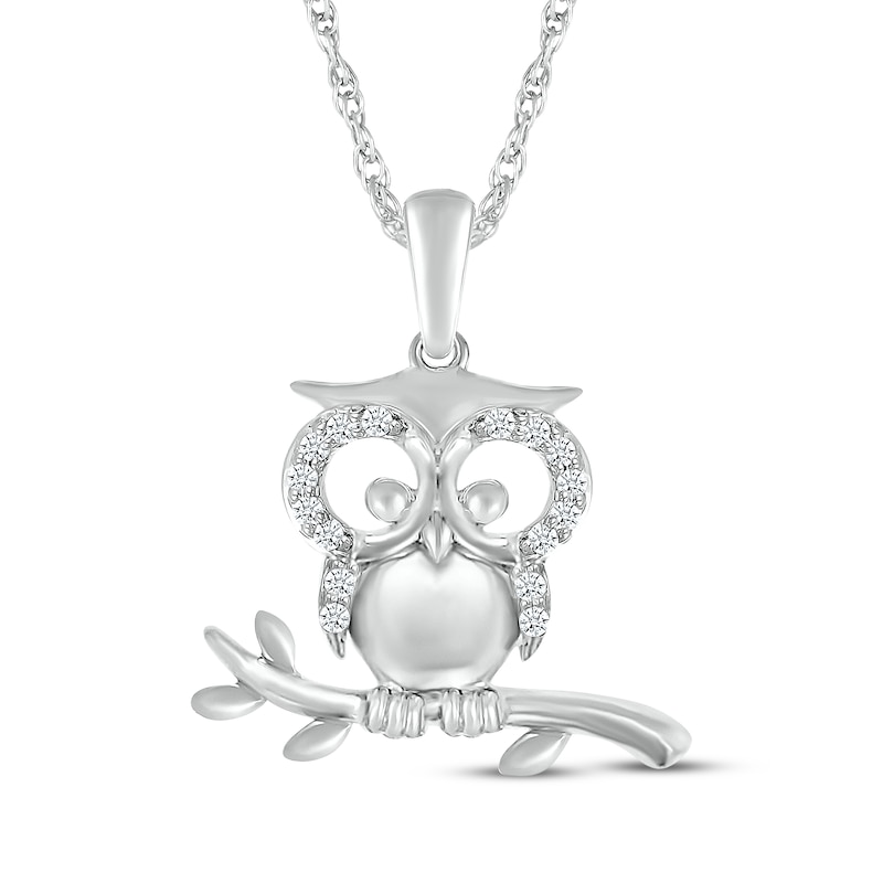 Main Image 1 of Diamond Owl & Branch Necklace 1/15 ct tw Sterling Silver 18&quot;